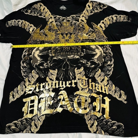 Y2K XAR Unlimited Affliction Men Graphic T Shirt Lg Gold Metallic Cyber Grunge - Picture 2 of 4